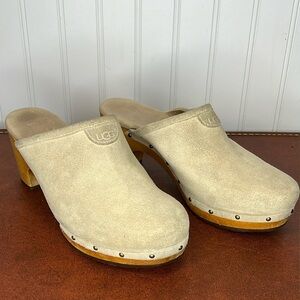 UGG Cream Suede Clog Heels with Wood Platform